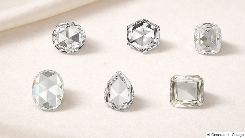 Collage of round, oval, pear, hexagon, square and cushion shaped rose cut diamonds