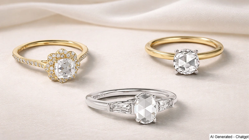 collage of halo, three-stone and solitaire rose cut diamond engagement rings