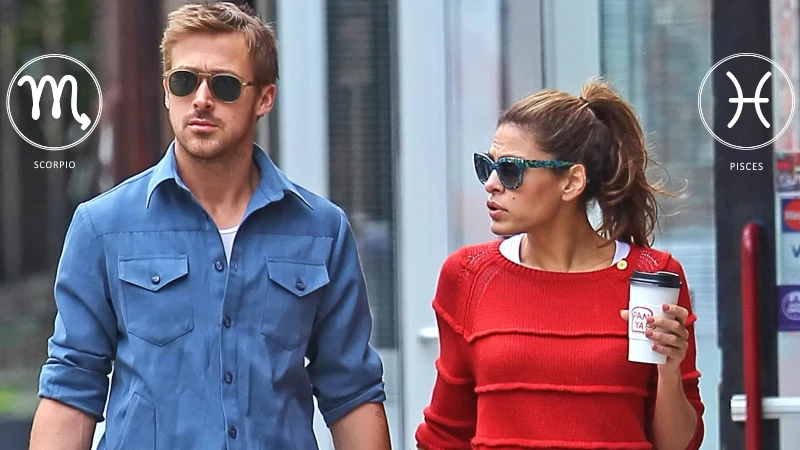 Eva Mendes and Ryan Gosling with their zodiac signs