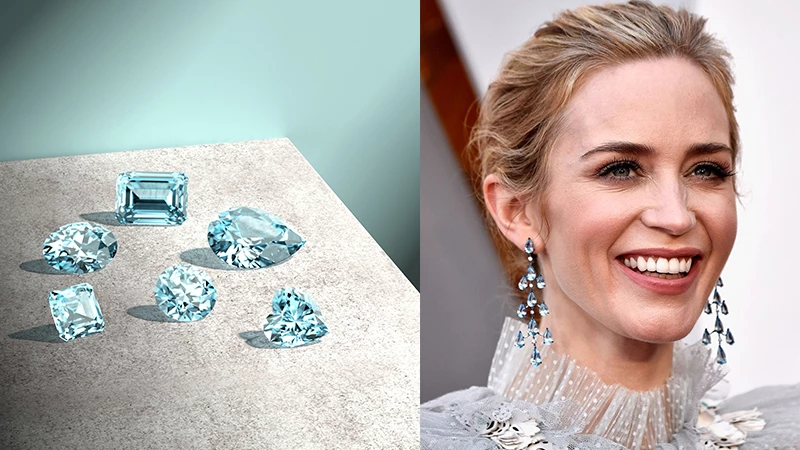 aquamarine gemstone Emily Blunt wearing aquamarine earrings