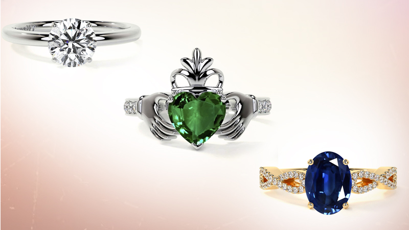 solitaire diamond ring, infinity ring and Claddagh Ring