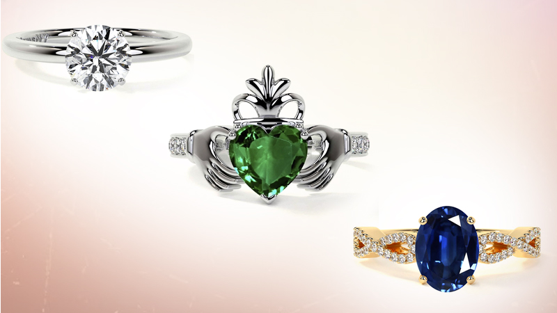 collage of solitaire diamond ring, infinity ring and Claddagh Ring