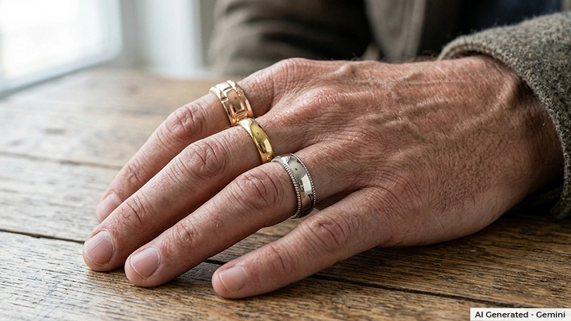 man wearing different color metal bands