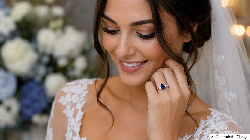 bride wearing a blue sapphire engagement ring