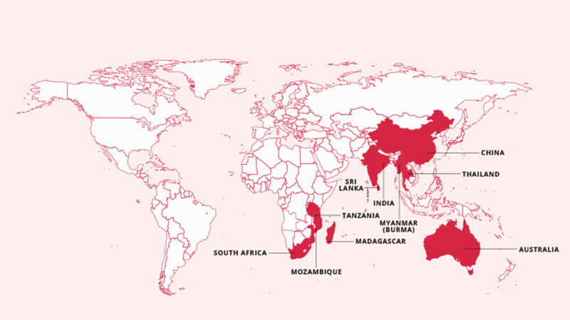 map pointing the locations of deposits of rubies