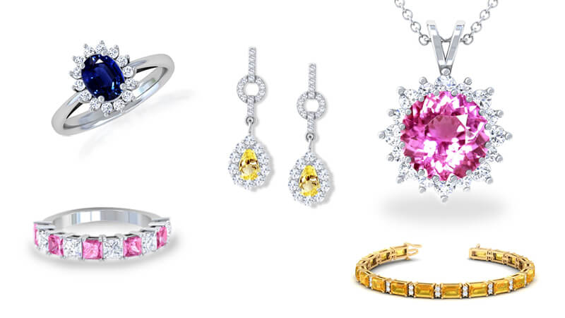 Different kind of sapphire jewelry with yellow, pink, white and blue sapphire